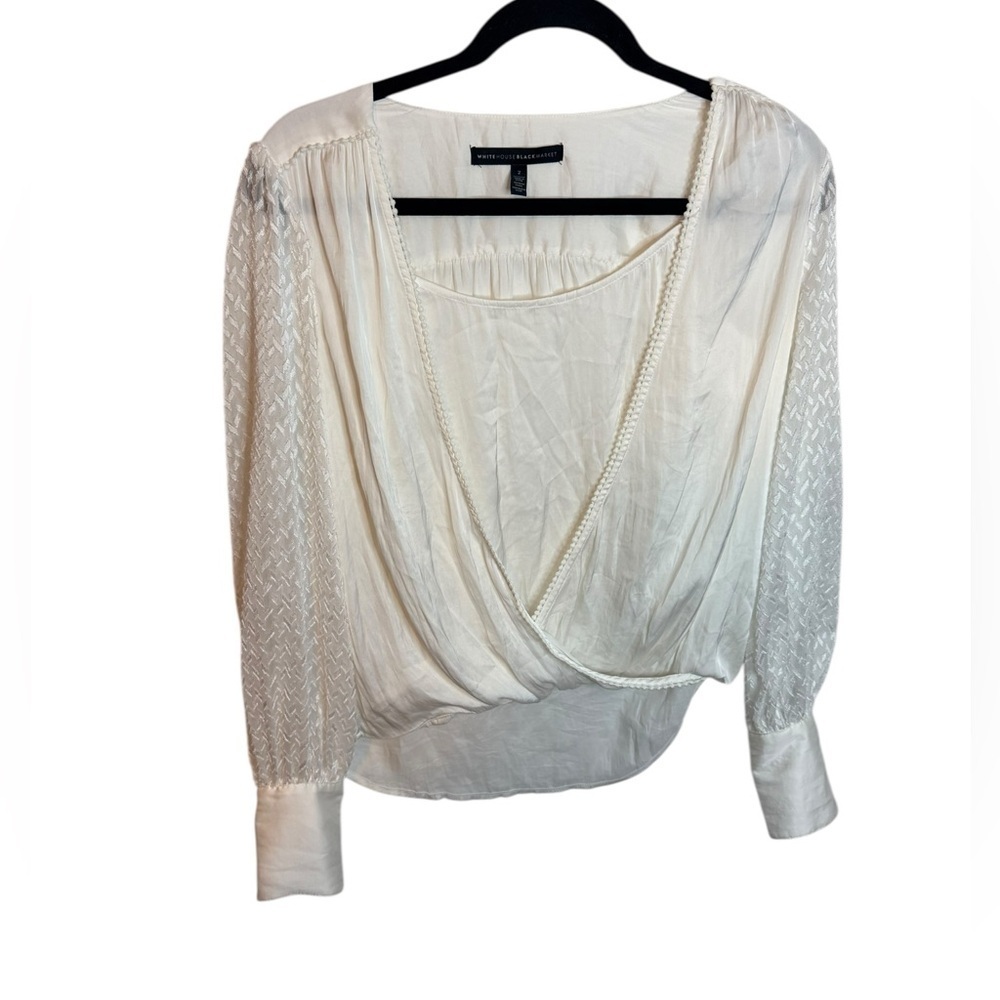 White House Black Market White Satin Drapey Textured Blouse